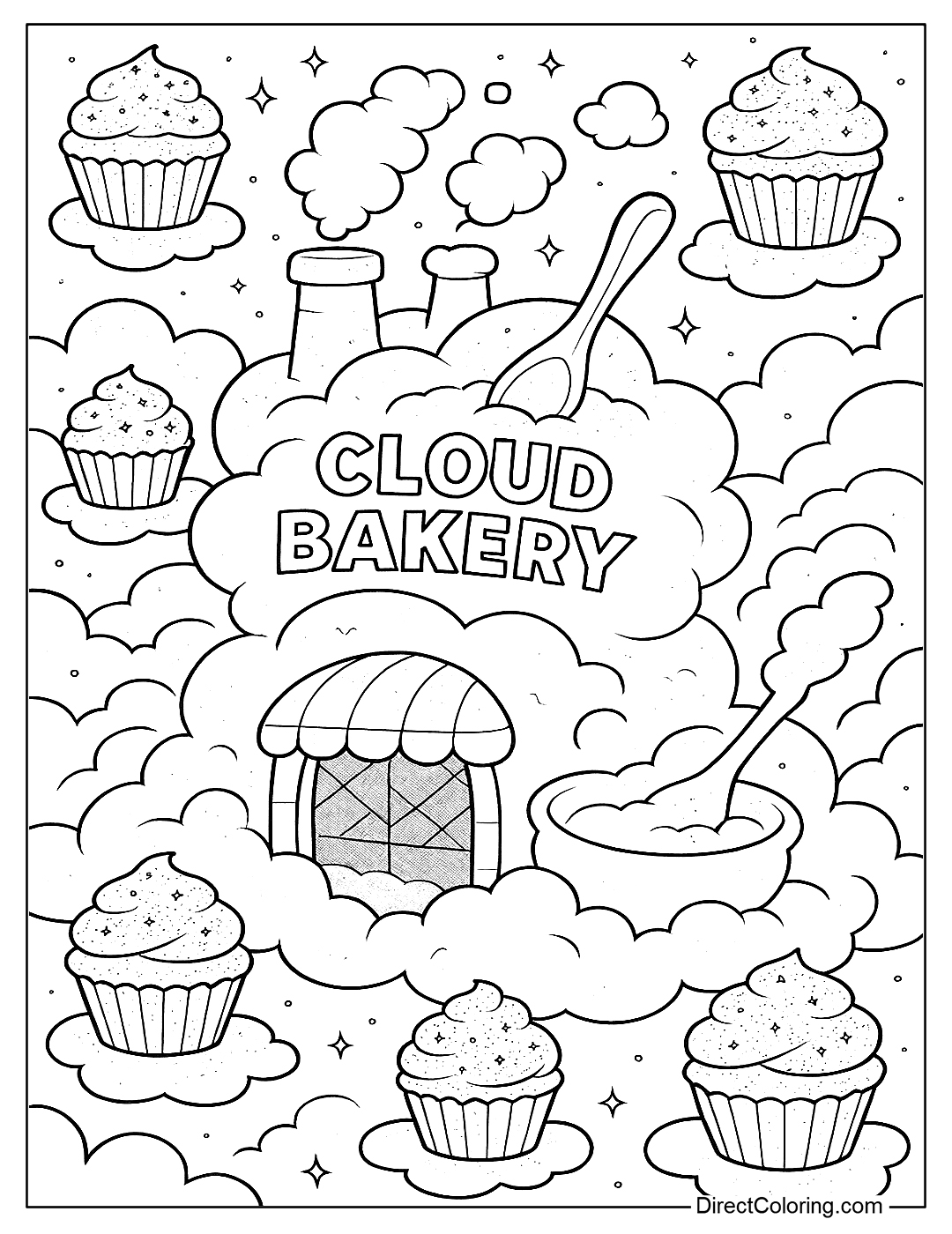 A bakery cloud with smaller clouds of floating cupcakes, sprinkled with glittery powdered sugar coloring page